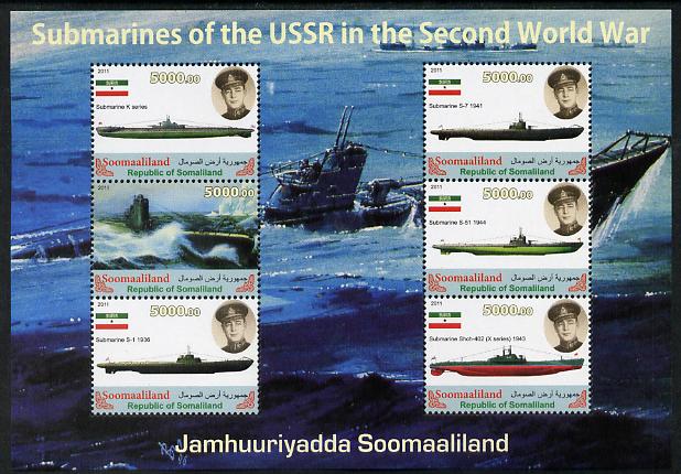 Somaliland 2011 Russian Submarines of Second World War #1 perf sheetlet containing 6 values unmounted mint, stamps on ships, stamps on submarines, stamps on  ww2 , stamps on 