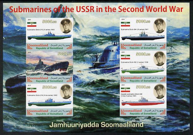 Somaliland 2011 Russian Submarines of Second World War #2 imperf sheetlet containing 6 values unmounted mint, stamps on ships, stamps on submarines, stamps on  ww2 , stamps on 