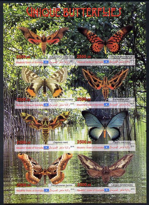 Maakhir State of Somalia 2010 Unique Butterflies imperf sheetlet containing 8 values unmounted mint , stamps on butterflies