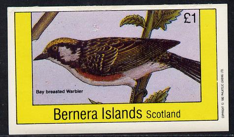 Bernera 1982 Birds #20 (Bay Breasted Warbler) imperf souvenir sheet (Â£1 value) unmounted mint, stamps on birds