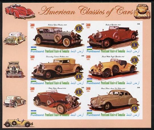 Puntland State of Somalia 2010 Classic Cars of America #1 imperf sheetlet containing 6 values with Lions Int Logo unmounted mint, stamps on , stamps on  stamps on cars, stamps on  stamps on lions int, stamps on  stamps on stutz, stamps on  stamps on pierce, stamps on  stamps on duesenberg, stamps on  stamps on packsard, stamps on  stamps on 