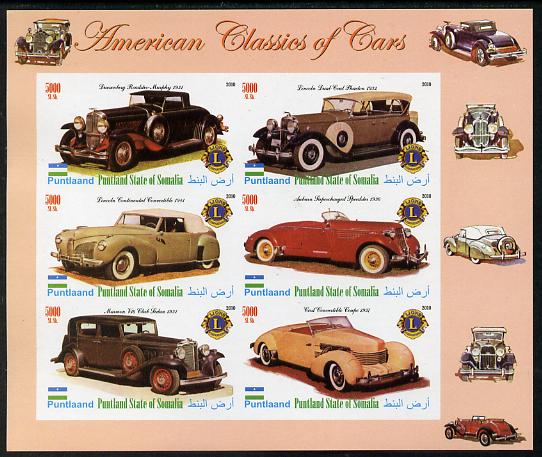 Puntland State of Somalia 2010 Classic Cars of America #2 imperf sheetlet containing 6 values with Lions Int Logo unmounted mint, stamps on cars, stamps on lions int, stamps on duesenberg, stamps on lincoln, stamps on cord