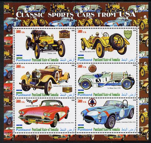 Puntland State of Somalia 2010 Classic Sports Cars of USA perf sheetlet containing 6 values unmounted mint, stamps on cars, stamps on stutz, stamps on chevrolet, stamps on 