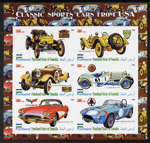 Puntland State of Somalia 2010 Classic Sports Cars of USA imperf sheetlet containing 6 values unmounted mint, stamps on cars, stamps on stutz, stamps on chevrolet, stamps on 
