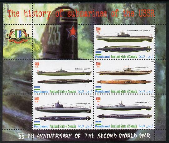Puntland State of Somalia 2010 55th Anniversary of Second World War - Russian Submarines perf sheetlet containing 6 values unmounted mint, stamps on ships, stamps on submarines, stamps on  ww2 , stamps on 
