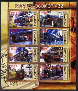 Rwanda 2012 Steam Locomotives perf sheetlet containing 8 values fine cto used, stamps on railways