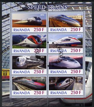 Rwanda 2012 High-Speed Trains perf sheetlet containing 8 values fine cto used, stamps on railways