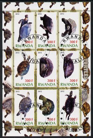 Rwanda 2012 Turtles perf sheetlet containing 9 values fine cto used, stamps on animals, stamps on reptiles, stamps on turtles