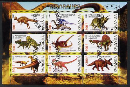 Rwanda 2012 Dinosaurs perf sheetlet containing 9 values fine cto used, stamps on dinosaurs