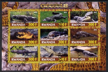 Rwanda 2012 Crocodiles perf sheetlet containing 9 values fine cto used, stamps on animals, stamps on reptiles, stamps on crocodiles