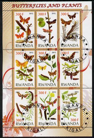 Rwanda 2012 Butterflies & Plants #2 perf sheetlet containing 9 values fine cto used, stamps on butterflies, stamps on flowers