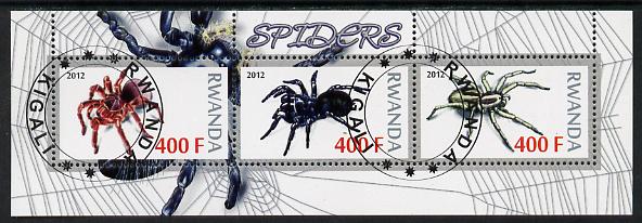 Rwanda 2012 Spiders perf sheetlet containing 3 values fine cto used, stamps on insects, stamps on spiders