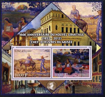Ivory Coast 2012 160th Anniversary of Masterpieces in the New Hermitage Museum #3 perf sheetlet containing 2 values unmounted mint, stamps on arts, stamps on museums, stamps on van gogh, stamps on gauguin
