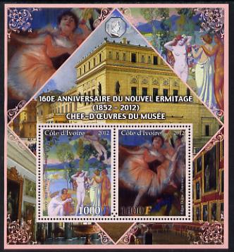 Ivory Coast 2012 160th Anniversary of Masterpieces in the New Hermitage Museum #4 perf sheetlet containing 2 values unmounted mint, stamps on , stamps on  stamps on arts, stamps on  stamps on museums, stamps on  stamps on nudes, stamps on  stamps on degas, stamps on  stamps on dances, stamps on  stamps on dancing