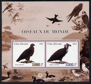 Ivory Coast 2012 Birds of the World #1 perf sheetlet containing 2 values unmounted mint, stamps on birds, stamps on birds of prey, stamps on eagles