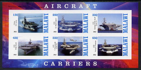 Malawi 2012 Aircraft Carriers #1 imperf sheetlet containing 6 values unmounted mint, stamps on ships, stamps on flat tops, stamps on aircraft carriers, stamps on aviation