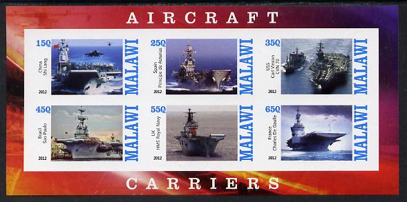Malawi 2012 Aircraft Carriers #2 imperf sheetlet containing 6 values unmounted mint, stamps on ships, stamps on flat tops, stamps on aircraft carriers, stamps on aviation