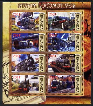 Rwanda 2012 Steam Locomotives perf sheetlet containing 8 values unmounted mint, stamps on railways