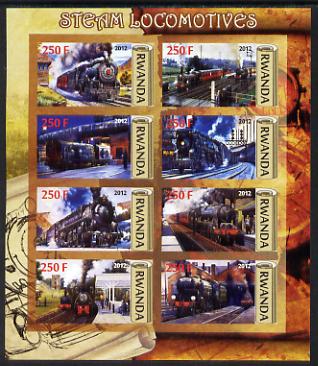 Rwanda 2012 Steam Locomotives imperf sheetlet containing 8 values unmounted mint, stamps on railways