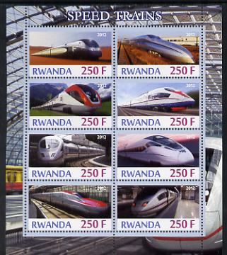 Rwanda 2012 High-Speed Trains perf sheetlet containing 8 values unmounted mint, stamps on railways