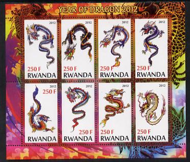 Rwanda 2012 Chinese New Year - Year of the Dragon perf sheetlet containing 8 values unmounted mint, stamps on dragons, stamps on lunar
