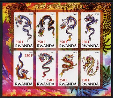 Rwanda 2012 Chinese New Year - Year of the Dragon imperf sheetlet containing 8 values unmounted mint, stamps on dragons, stamps on lunar