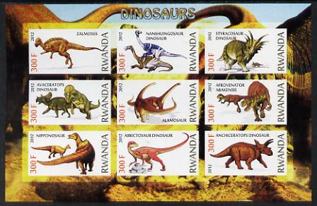 Rwanda 2012 Dinosaurs imperf sheetlet containing 9 values unmounted mint, stamps on dinosaurs
