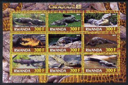 Rwanda 2012 Crocodiles perf sheetlet containing 9 values unmounted mint, stamps on animals, stamps on reptiles, stamps on crocodiles