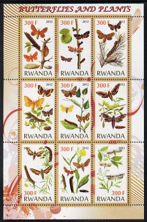 Rwanda 2012 Butterflies & Plants #2 perf sheetlet containing 9 values unmounted mint, stamps on , stamps on  stamps on butterflies, stamps on  stamps on flowers