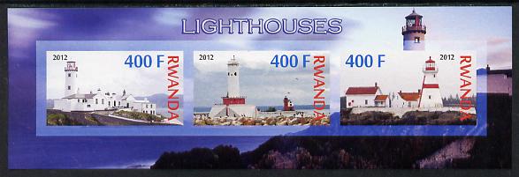 Rwanda 2012 Lighthouses imperf sheetlet containing 3 values unmounted mint, stamps on lighthouses