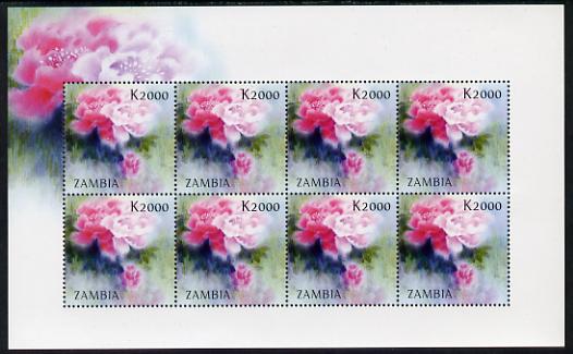 Zambia 2009 China World Stamp Exhibition sheetlet containing 8 x 2000K Peony unmounted mint as SG 1056, stamps on stamp exhibitions, stamps on flowers