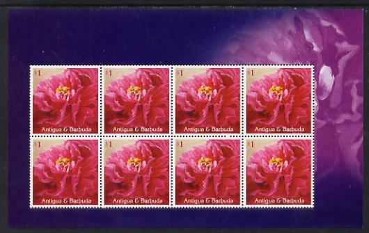 Antigua 2009 China World Stamp Exhibition sheetlet containing 8 x $1 Peony unmounted mint as SG 4236, stamps on , stamps on  stamps on stamp exhibitions, stamps on  stamps on flowers