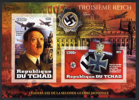 Chad 2012 Leaders of the Second World War - Adolf Hitler imperf sheetlet containing 2 values unmounted mint, stamps on , stamps on  ww2 , stamps on militaria, stamps on personalities, stamps on hitler, stamps on medals, stamps on aviation, stamps on tanks  , stamps on dictators.