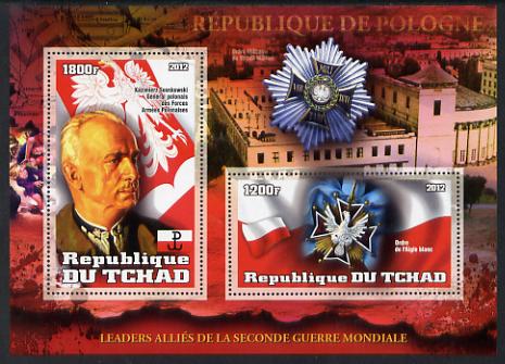 Chad 2012 Leaders of the Allies in Second World War - Sosnkowsli (Poland) perf sheetlet containing 2 values unmounted mint, stamps on , stamps on  ww2 , stamps on militaria, stamps on personalities, stamps on medals, stamps on 