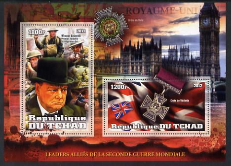 Chad 2012 Leaders of the Allies in Second World War - Winston Churchill (England) perf sheetlet containing 2 values unmounted mint, stamps on , stamps on  ww2 , stamps on militaria, stamps on personalities, stamps on medals, stamps on london, stamps on clocks