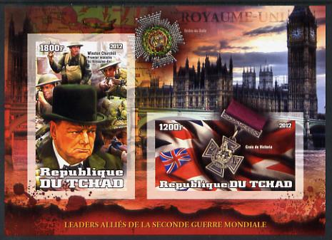 Chad 2012 Leaders of the Allies in Second World War - Winston Churchill (England) imperf sheetlet containing 2 values unmounted mint, stamps on , stamps on  ww2 , stamps on militaria, stamps on personalities, stamps on medals, stamps on london, stamps on clocks