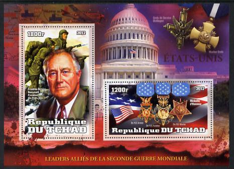 Chad 2012 Leaders of the Allies in Second World War - Franklin D Roosevelt (USA) perf sheetlet containing 2 values unmounted mint, stamps on , stamps on  ww2 , stamps on militaria, stamps on personalities, stamps on medals, stamps on americana, stamps on roosevelt, stamps on usa presidents