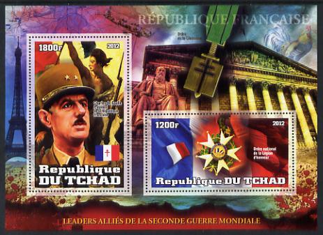 Chad 2012 Leaders of the Allies in Second World War - Charles de Gaulle (France) perf sheetlet containing 2 values unmounted mint, stamps on , stamps on  ww2 , stamps on militaria, stamps on personalities, stamps on medals, stamps on eiffel tower, stamps on flags