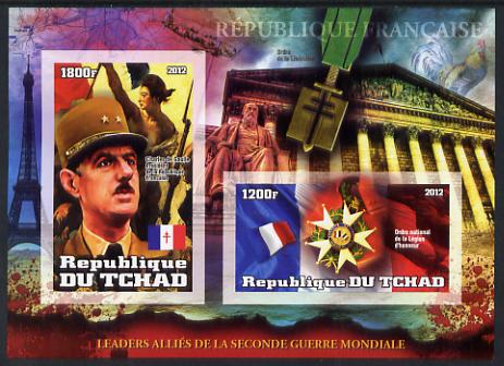 Chad 2012 Leaders of the Allies in Second World War - Charles de Gaulle (France) imperf sheetlet containing 2 values unmounted mint, stamps on , stamps on  ww2 , stamps on militaria, stamps on personalities, stamps on medals, stamps on eiffel tower, stamps on flags