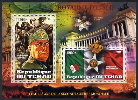 Chad 2012 Leaders of the Second World War - Benito Mussolini (Italy) perf sheetlet containing 2 values unmounted mint, stamps on , stamps on  ww2 , stamps on militaria, stamps on personalities, stamps on medals, stamps on aviation, stamps on maps, stamps on motorbikes  , stamps on dictators.