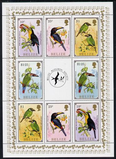 Belize 1986 Toucans - Audubon Society perf sheetlet containing 2 sets of 4 plus label unmounted mint SG 963, 965, 967 & 968, stamps on birds, stamps on toucans, stamps on audubon