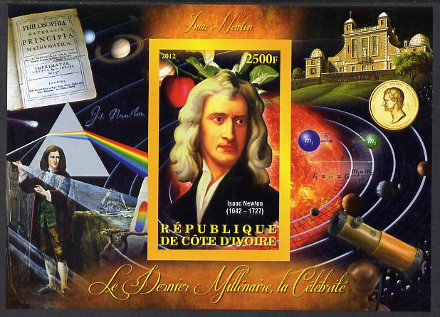 Ivory Coast 2012 Personalities of the Last Millennium #04 imperf sheetlet containing 1 value unmounted mint (Isaac Newton), stamps on personalities, stamps on millennium, stamps on newton, stamps on science, stamps on physics, stamps on maths, stamps on space, stamps on telescopes, stamps on mathematics