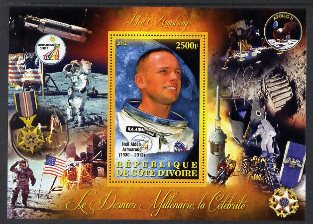 Ivory Coast 2012 Personalities of the Last Millennium #07 perf sheetlet containing 1 value unmounted mint (Neil Armstrong), stamps on personalities, stamps on millennium, stamps on armstrong, stamps on space, stamps on apollo, stamps on masonics, stamps on scouts