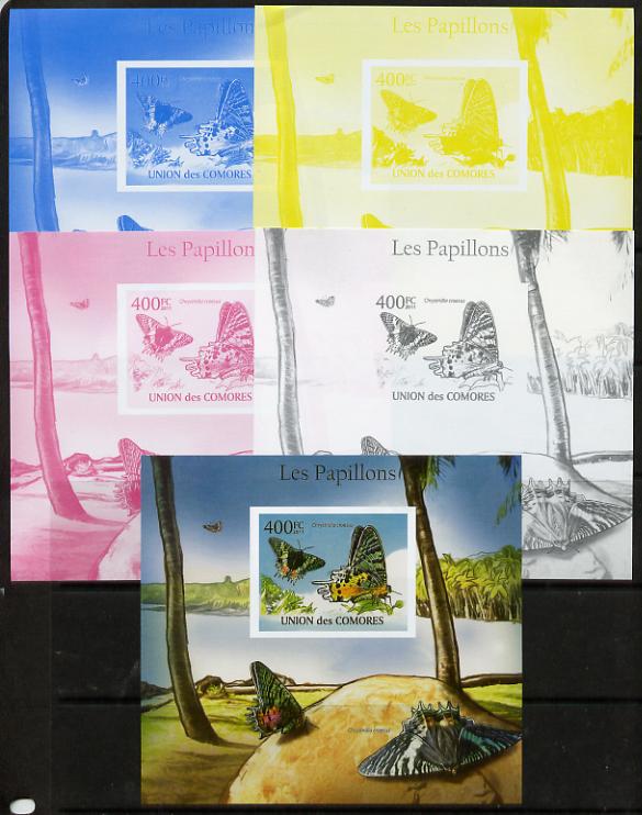 Comoro Islands 2011 Butterflies #7 m/sheet - the set of 5 imperf progressive proofs comprising the 4 individual colours plus all 4-colour composite, unmounted mint , stamps on butterflies