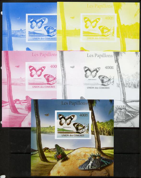 Comoro Islands 2011 Butterflies #9 m/sheet - the set of 5 imperf progressive proofs comprising the 4 individual colours plus all 4-colour composite, unmounted mint , stamps on butterflies