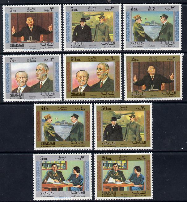 Sharjah 1970 Charles de Gaulle perf set of 10 (Mi 633-42A) unmounted mint, stamps on , stamps on  stamps on constitutions       personalities    de gaulle      churchill, stamps on  stamps on personalities, stamps on  stamps on de gaulle, stamps on  stamps on  ww1 , stamps on  stamps on  ww2 , stamps on  stamps on militaria