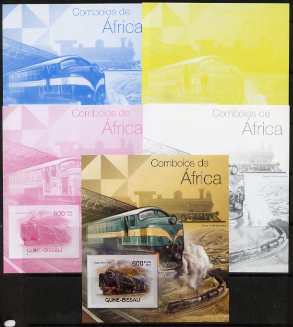 Guinea - Bissau 2012 Railways of Africa #1 m/sheet - the set of 5 imperf progressive proofs comprising the 4 individual colours plus all 4-colour composite, unmounted mint , stamps on railways