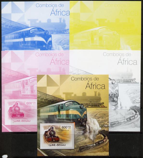 Guinea - Bissau 2012 Railways of Africa #2 m/sheet - the set of 5 imperf progressive proofs comprising the 4 individual colours plus all 4-colour composite, unmounted min..., stamps on railways
