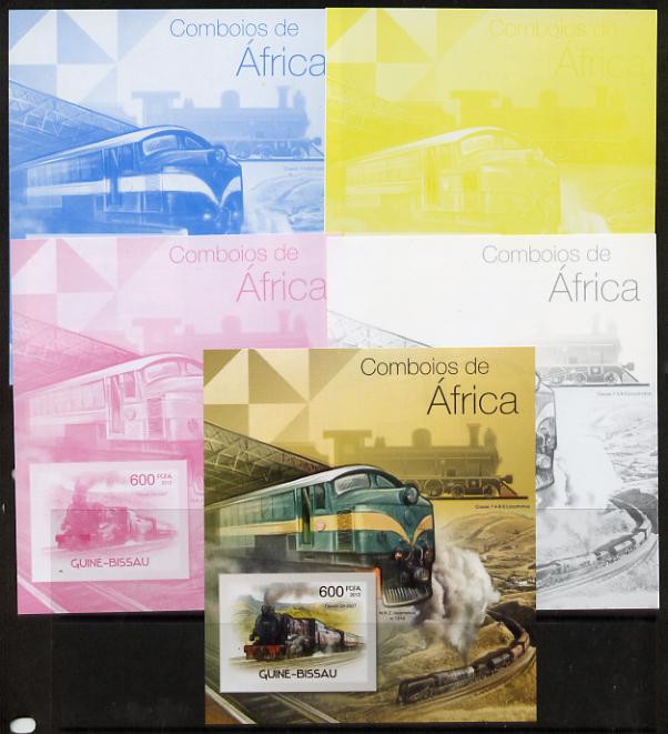 Guinea - Bissau 2012 Railways of Africa #3 m/sheet - the set of 5 imperf progressive proofs comprising the 4 individual colours plus all 4-colour composite, unmounted mint , stamps on railways