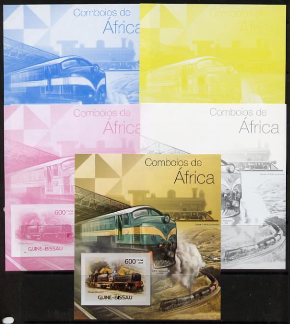 Guinea - Bissau 2012 Railways of Africa #4 m/sheet - the set of 5 imperf progressive proofs comprising the 4 individual colours plus all 4-colour composite, unmounted mint , stamps on railways